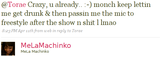 monch keep lettin me get drunk and then passin me the mic to freestyle after the show n shit l lmao